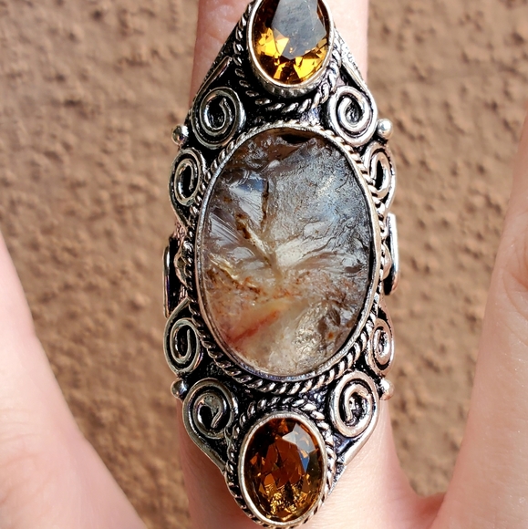 New Rough Golden Rutile and Citrine 925 Silver Statement Ring. - Picture 6 of 14